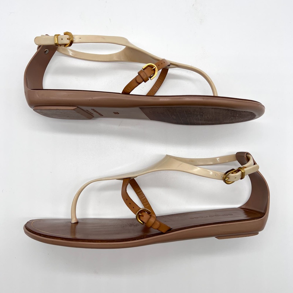SERGIO ROSSI Shoes Womens 38 Cream Brown T-strap Jelly Sandal Thong Flip Flop - Picture 7 of 12